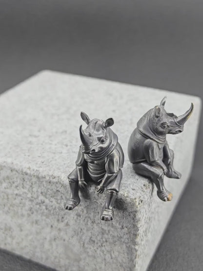 Brass Seated Rhino Figurine — Anthropomorphic Double-Horn Sculpture for Desk and Shelf