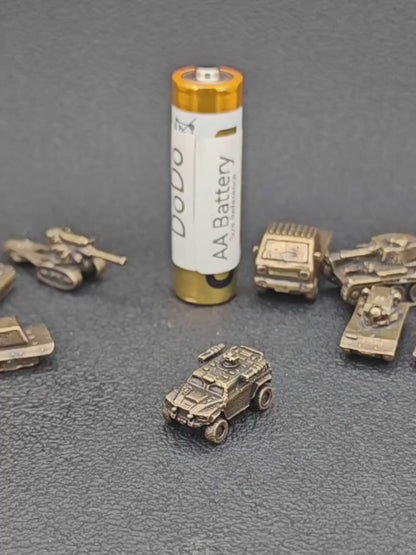 Brass Armored Vehicle Miniature — Military Wheeled MRAP Micro Model for Diorama and Desk Display