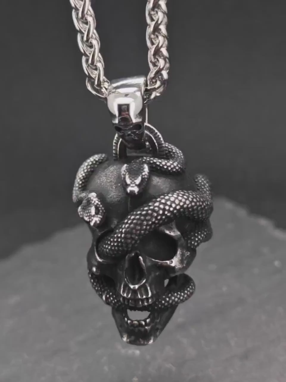 Snake and Skull Gothic Pendant – Stainless Steel Necklace for Him