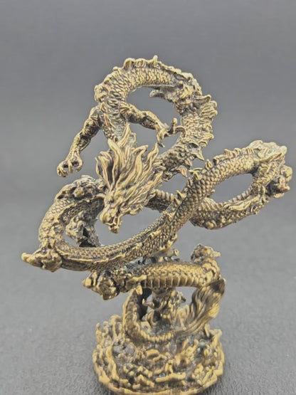 Solid Brass Chinese Dragon Figurine — Coiled Feng Shui Sculpture for Desk, Shelf, and Collector Display
