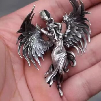 Silver Plated Brass Dark Angel Necklace Pendant - Retro Winged Couple Chain Keychain
