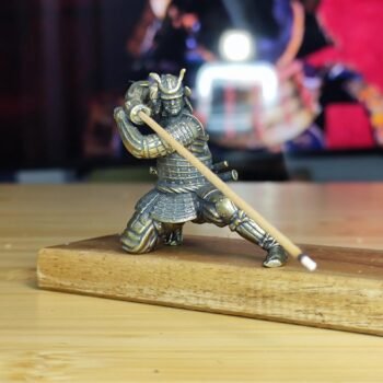 Brass Samurai Incense Holder  Miniature Warrior Sculpture with Sword Grip for Stick, Collectors Japanese Decor
