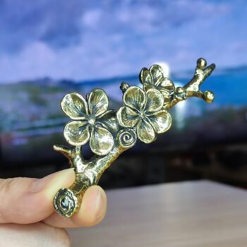 Solid Brass Plum Blossom Branch Pen Holder - Antique Style Desk Ornament