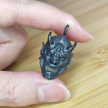 Alternative view of Aged Brass Oni Keychain Pendant, Featuring Fierce Japanese Demon Mask Design, Rustic Antique Look, Great as Amulet or Accessory