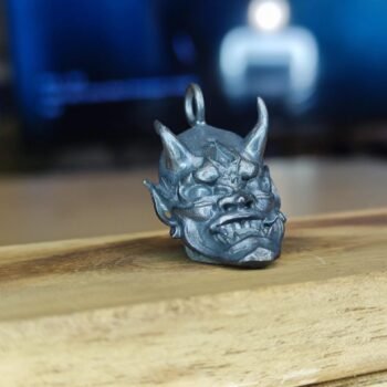 Aged Brass Oni Keychain Pendant, Featuring Fierce Japanese Demon Mask Design, Rustic Antique Look, Great as Amulet or Accessory