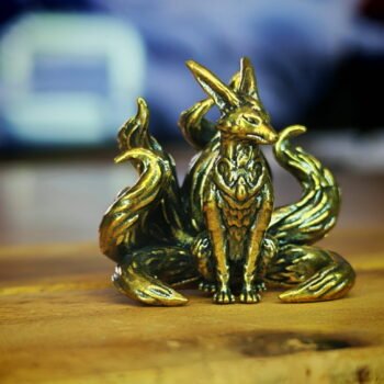 Solid Brass Nine-Tailed Fox Sculpture – Mystical Figurine, Miniature Lucky Charm, Antique Desk Accent, Japanese Mythical Animal Decor