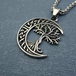 Nordic Tree of Life Pendant: Stainless Steel Viking Necklace with Celtic Moon