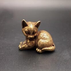Handcrafted Brass Cat Figurine – Grooming Kitty Sculpture for Desk, Shelf, Pet Lover Gift or Collector Decor