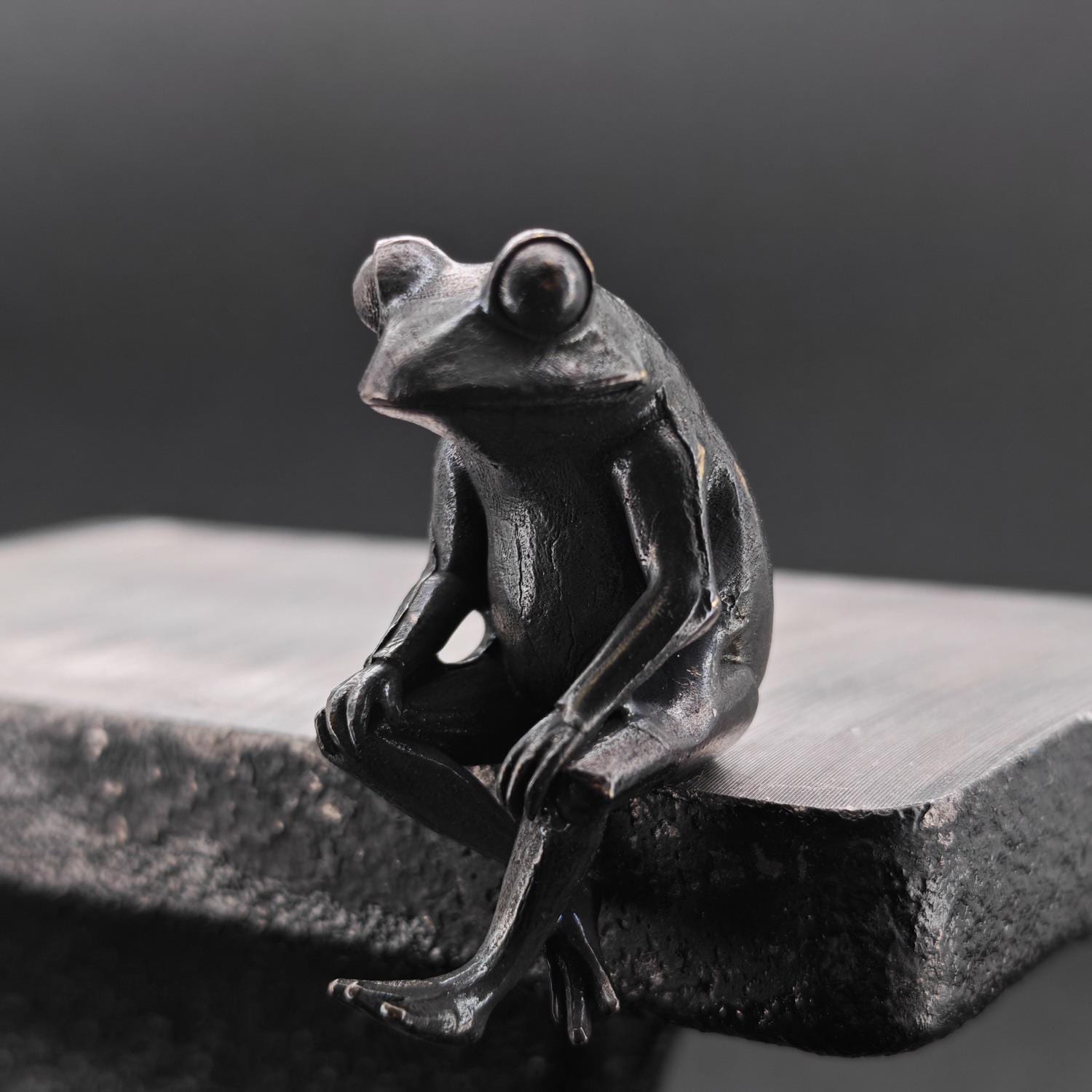 Brass Meditating Frog Figurine — Oxidised Black Mini Statue for Desk, Shelf and Zen Decor - Image 2