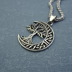 Alternative view of Nordic Tree of Life Pendant: Stainless Steel Viking Necklace with Celtic Moon