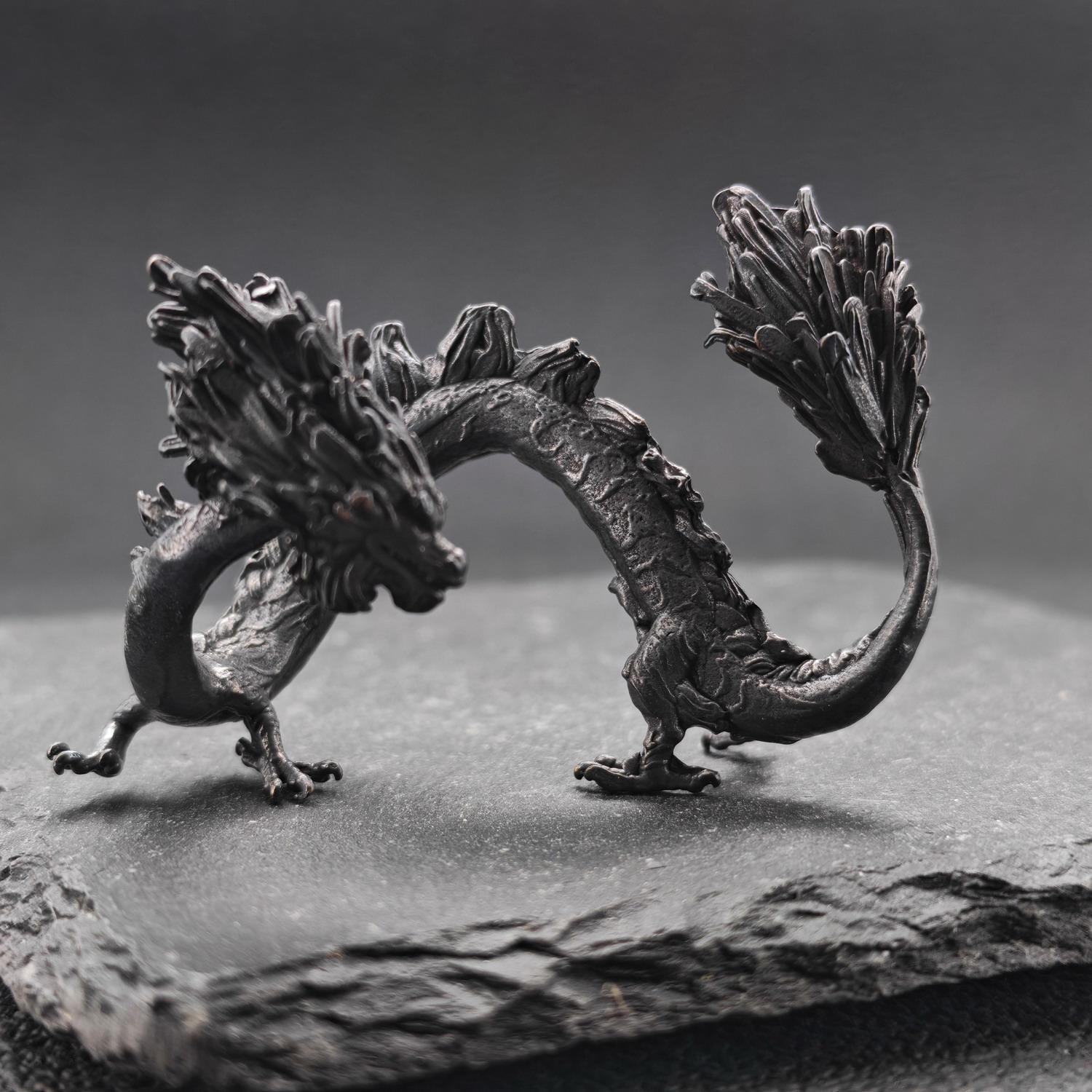 Brass Five Elements Dragon Figurine — Miniature Oxidised Sculpture for Terrarium, Aquascape, and Micro World Display